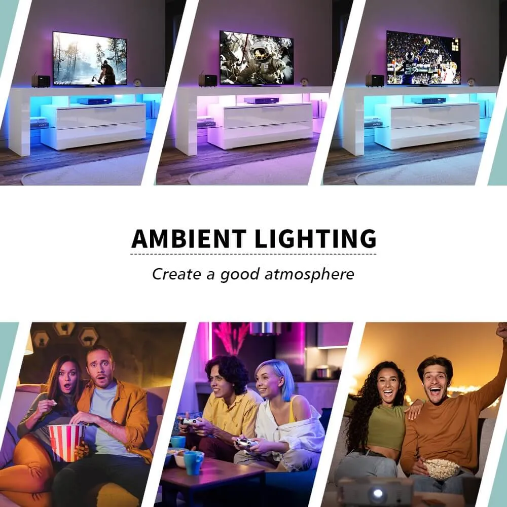 1600mm 16 Colors LED TV Entertainment Storage Unit White with 2 Vertical Drawers