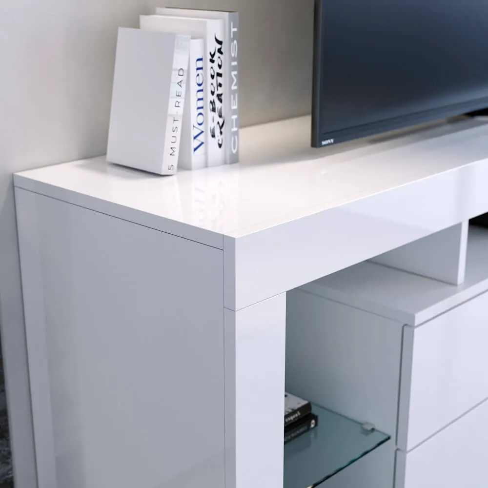 1600mm 16 Colors LED TV Entertainment Storage Unit White with 2 Vertical Drawers