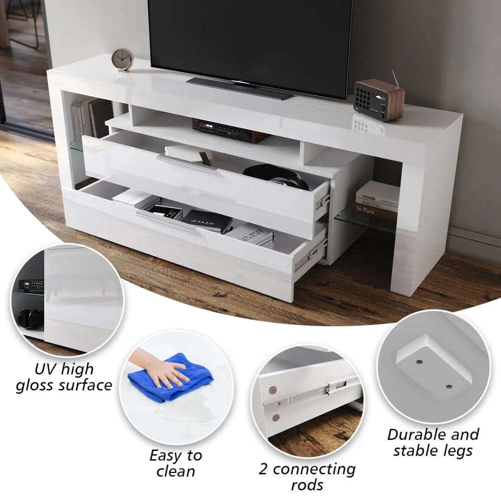 1600mm 16 Colors LED TV Entertainment Storage Unit White with 2 Vertical Drawers