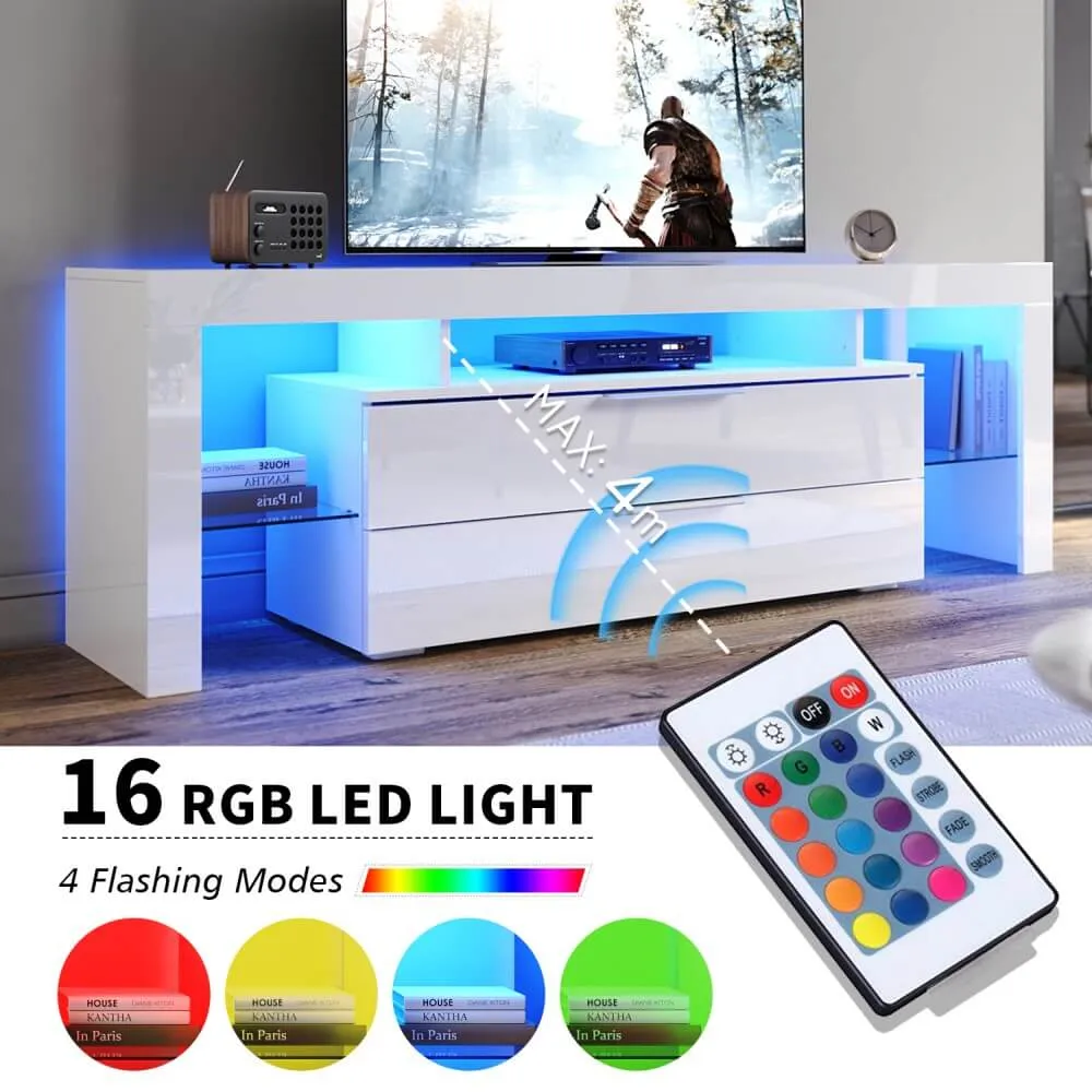 1600mm 16 Colors LED TV Entertainment Storage Unit White with 2 Vertical Drawers