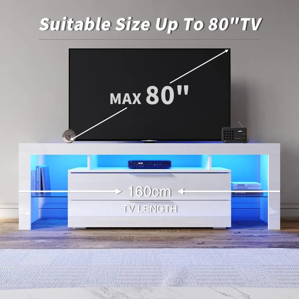 1600mm 16 Colors LED TV Entertainment Storage Unit White with 2 Vertical Drawers