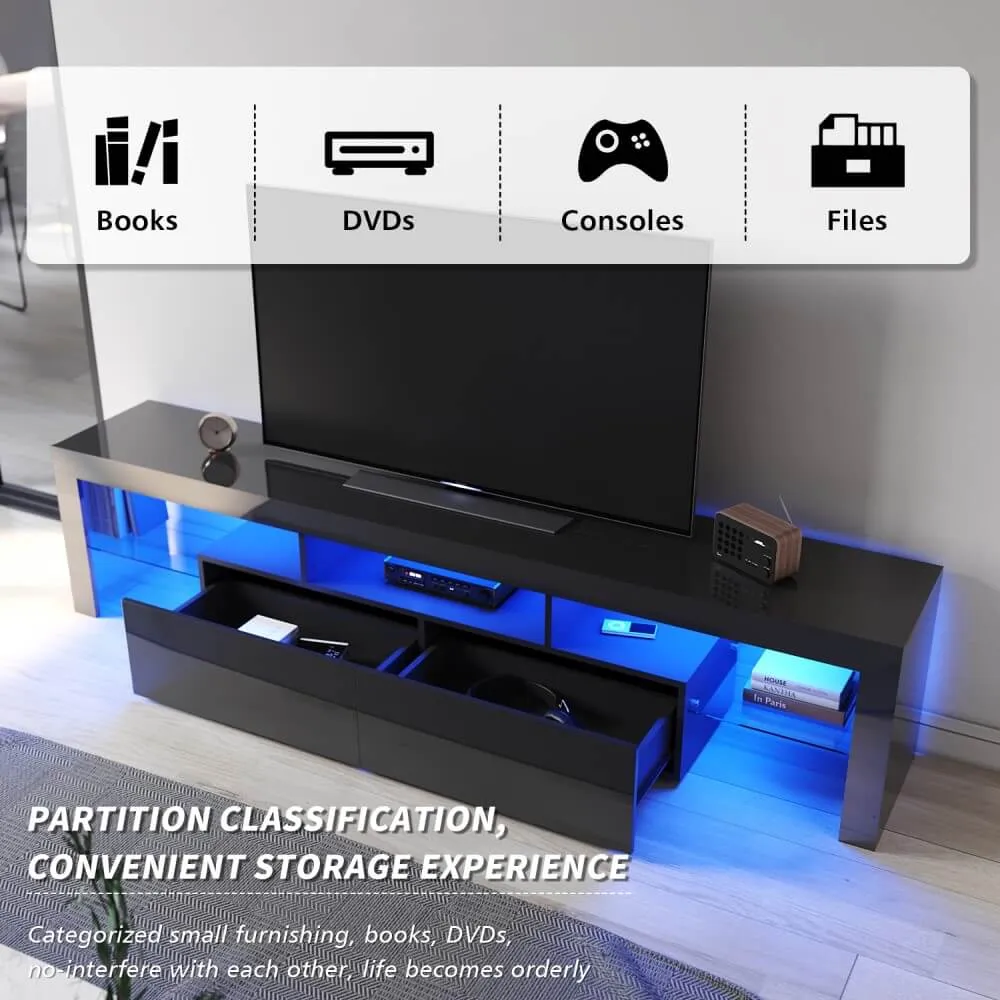 2000mm 16 Colors LED TV Entertainment Storage Unit Black