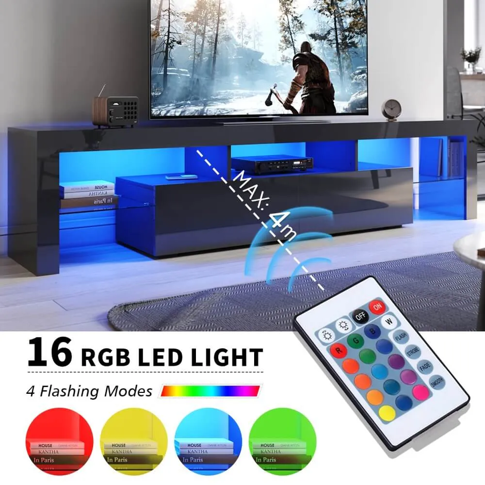2000mm 16 Colors LED TV Entertainment Storage Unit Black