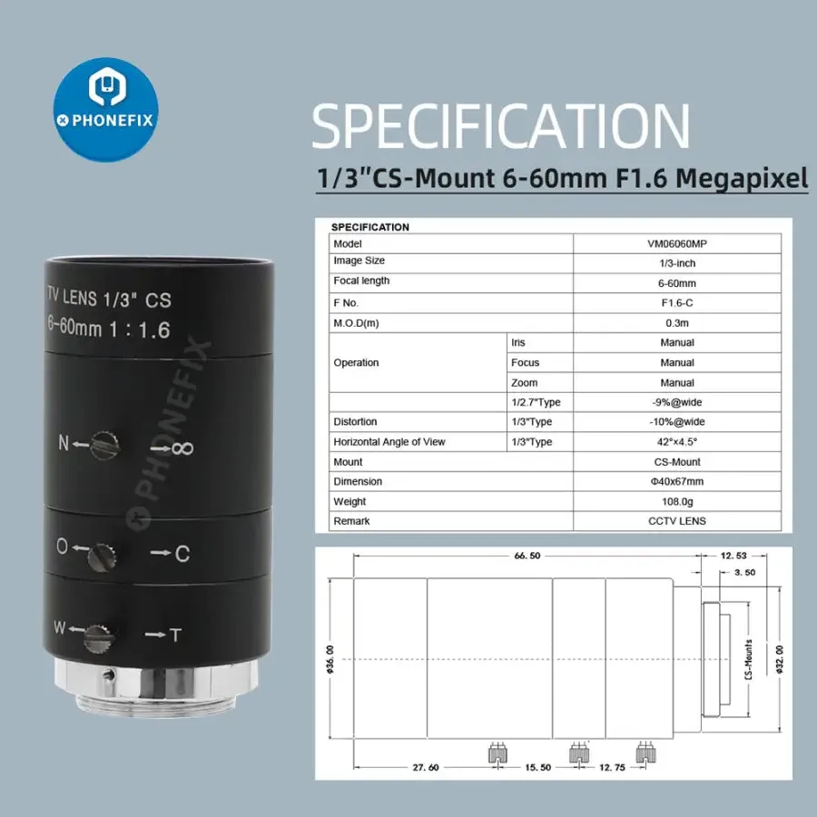 6-60mm F1.6 Lens 2.0MP 60FPS 1080p HDMI Industry Camera