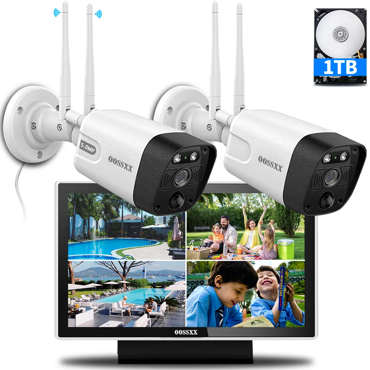(All-in-One 5.0MP PIR Detection) 2-Way Audio Dual Antennas Outdoor Security Camera System Wireless with Monitor WiFi Home Security System 3K 5.0MP Video Surveillance