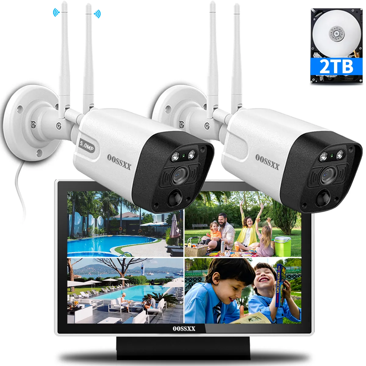 (All-in-One 5.0MP PIR Detection) 2-Way Audio Dual Antennas Outdoor Security Camera System Wireless with Monitor WiFi Home Security System 3K 5.0MP Video Surveillance