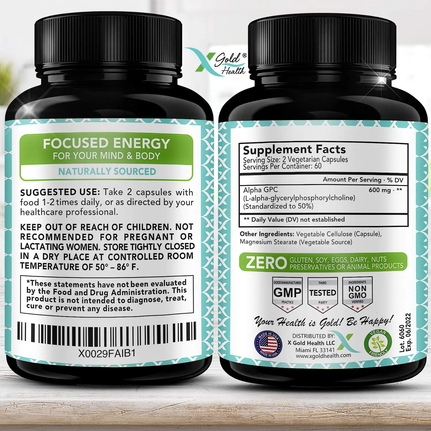 Alpha GPC Choline Supplement 600mg 120 Veggie Capsules