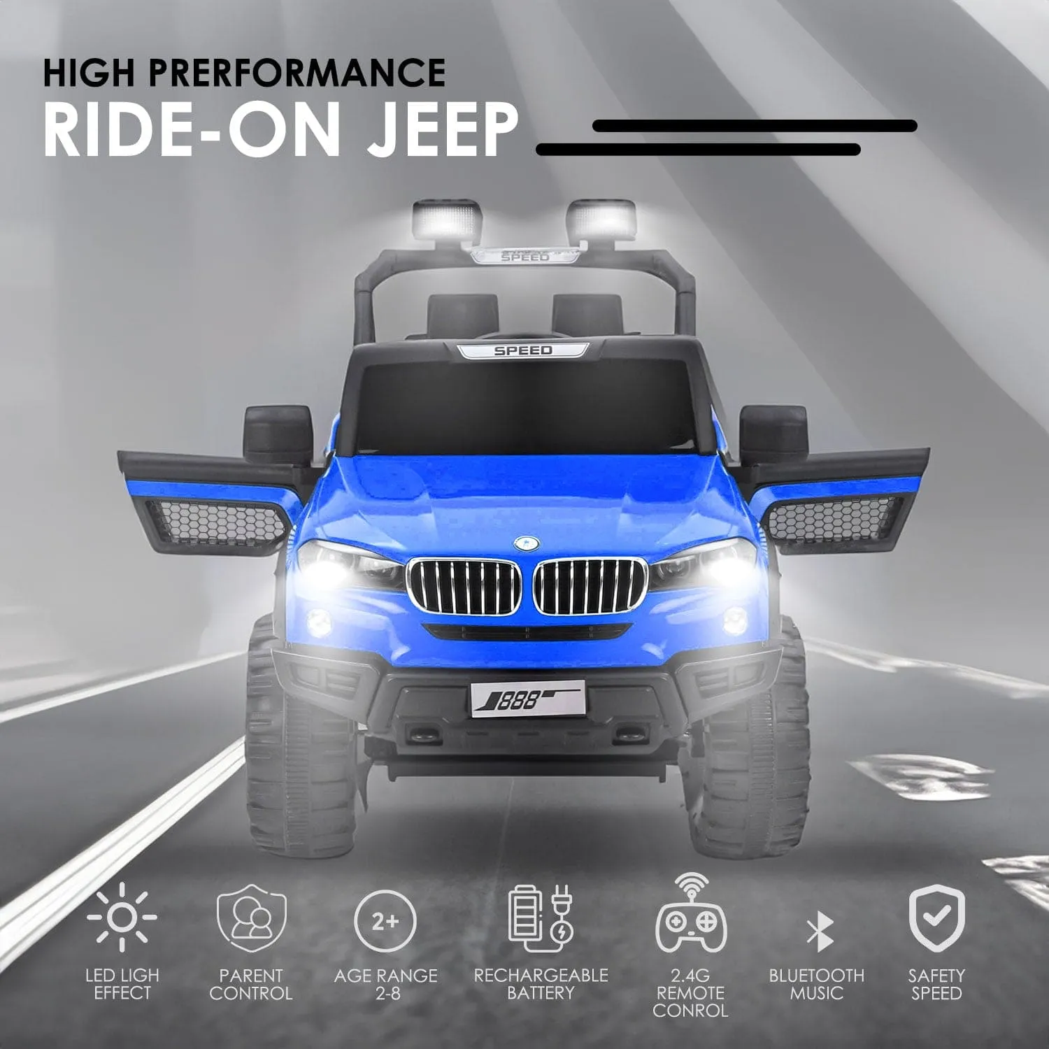 Baby Moo Ford 4X4 Battery Operated Electric Ride On Jeep Rechargeable 12V Battery With Remote Control LED Lights, Music & USB Port - Blue