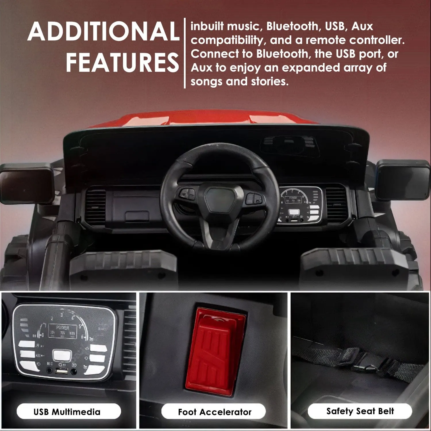 Baby Moo Ford 4X4 Battery Operated Electric Ride On Jeep Rechargeable 12V Battery With Remote Control LED Lights, Music & USB Port - Red