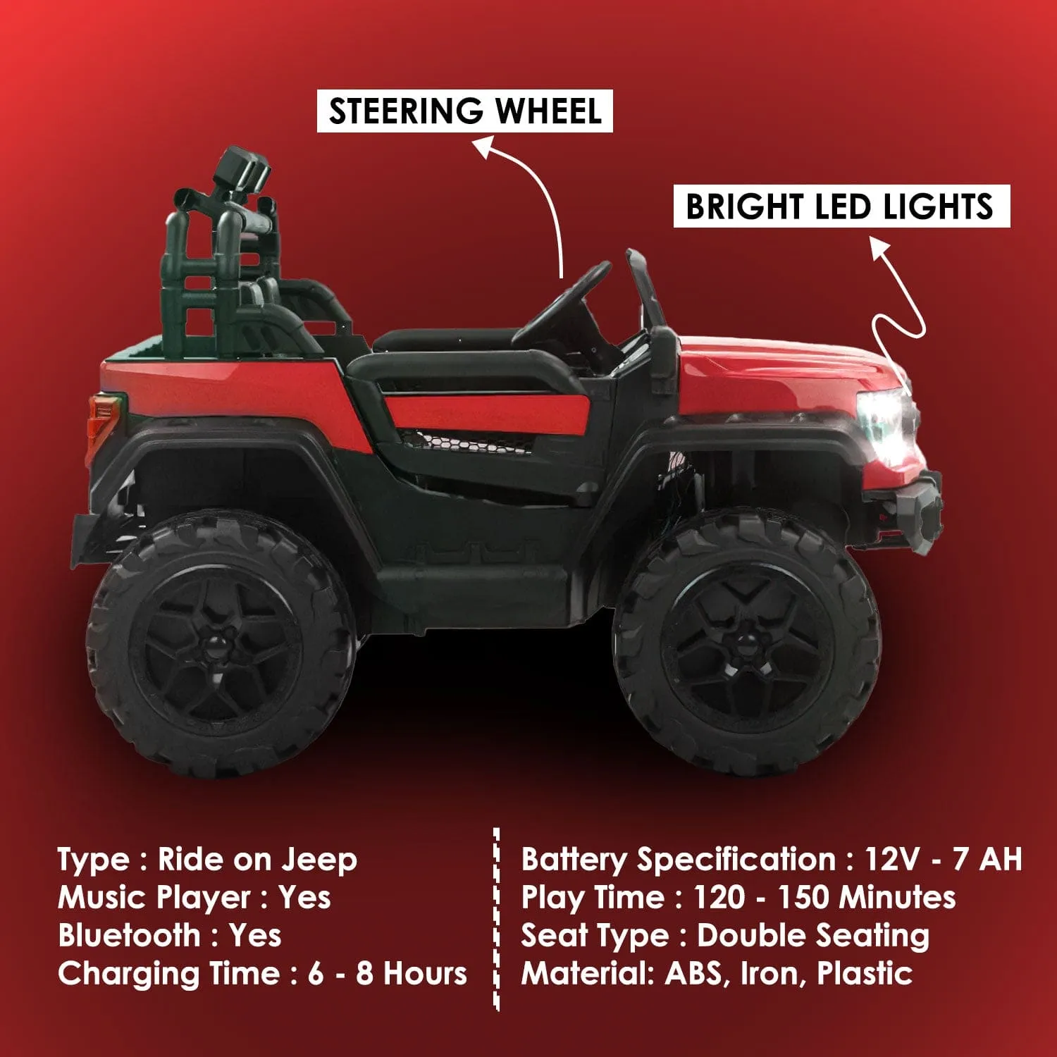 Baby Moo Ford 4X4 Battery Operated Electric Ride On Jeep Rechargeable 12V Battery With Remote Control LED Lights, Music & USB Port - Red