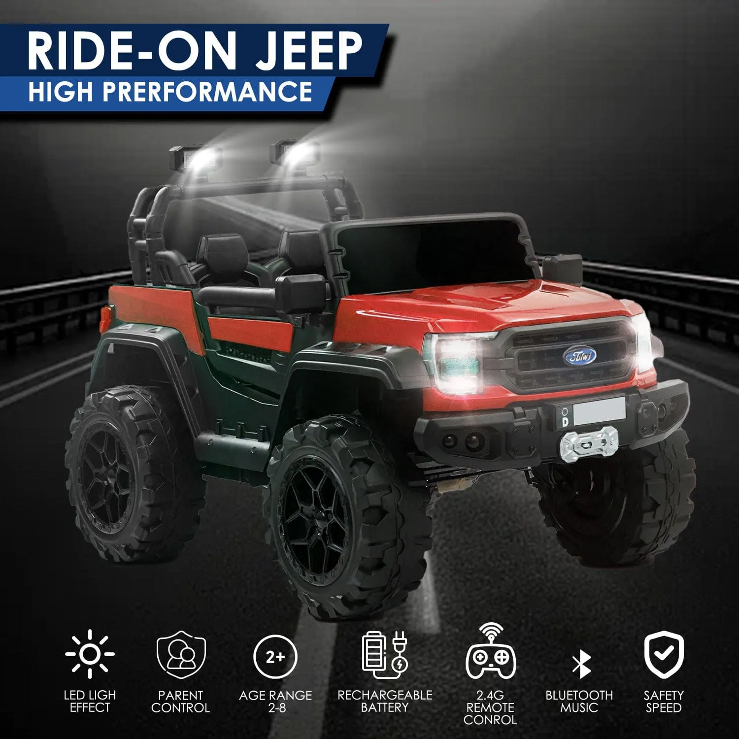 Baby Moo Ford 4X4 Battery Operated Electric Ride On Jeep Rechargeable 12V Battery With Remote Control LED Lights, Music & USB Port - Red