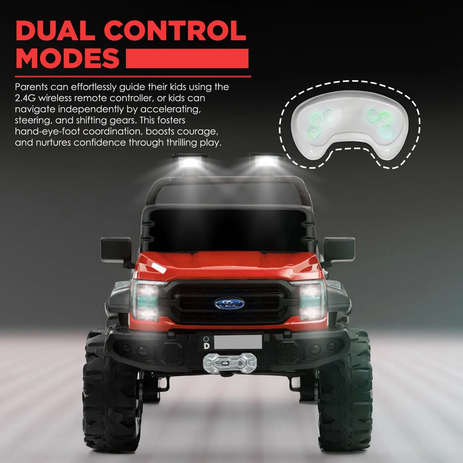 Baby Moo Ford 4X4 Battery Operated Electric Ride On Jeep Rechargeable 12V Battery With Remote Control LED Lights, Music & USB Port - Red