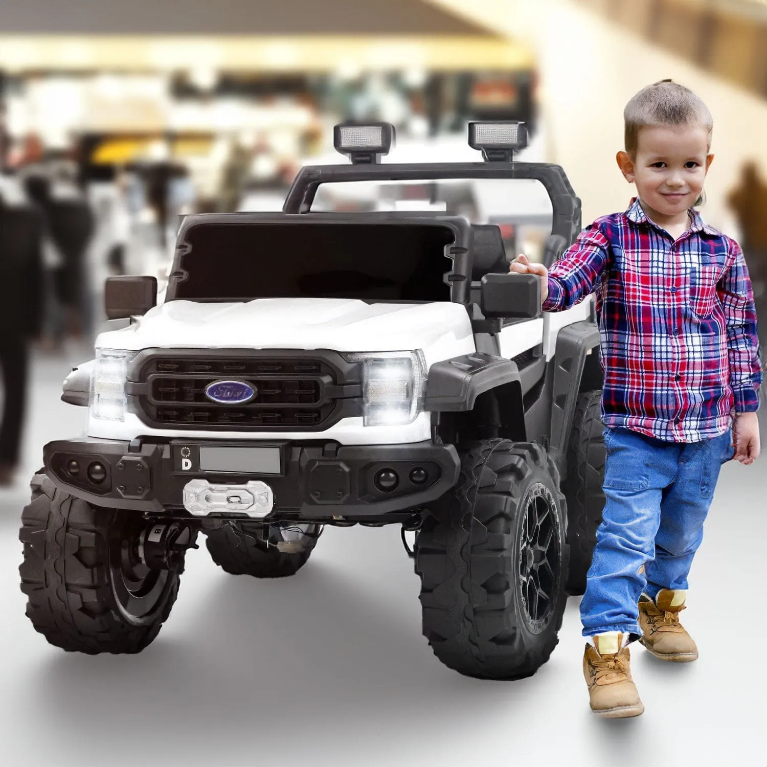 Baby Moo Ford 4X4 Battery Operated Electric Ride On Jeep Rechargeable 12V Battery With Remote Control LED Lights, Music & USB Port - White