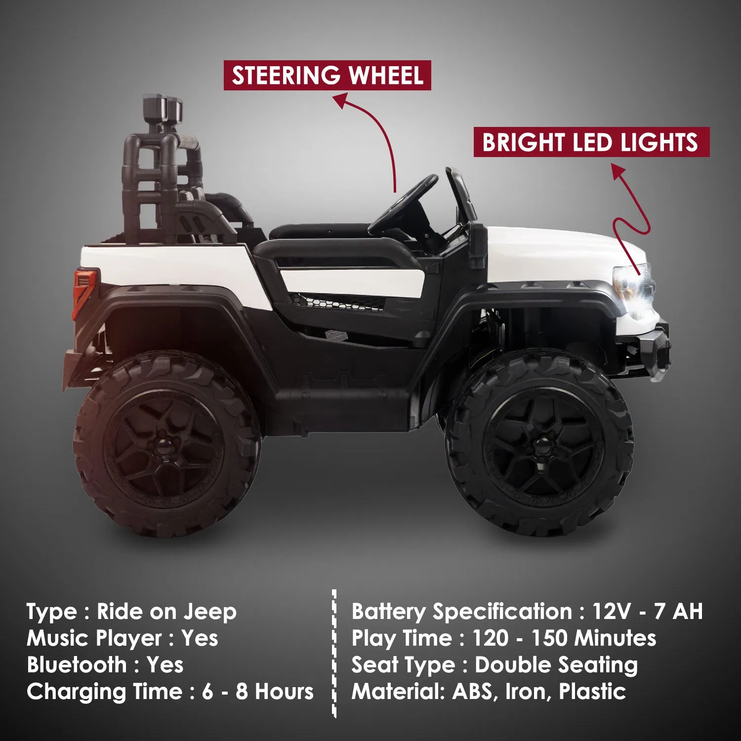 Baby Moo Ford 4X4 Battery Operated Electric Ride On Jeep Rechargeable 12V Battery With Remote Control LED Lights, Music & USB Port - White
