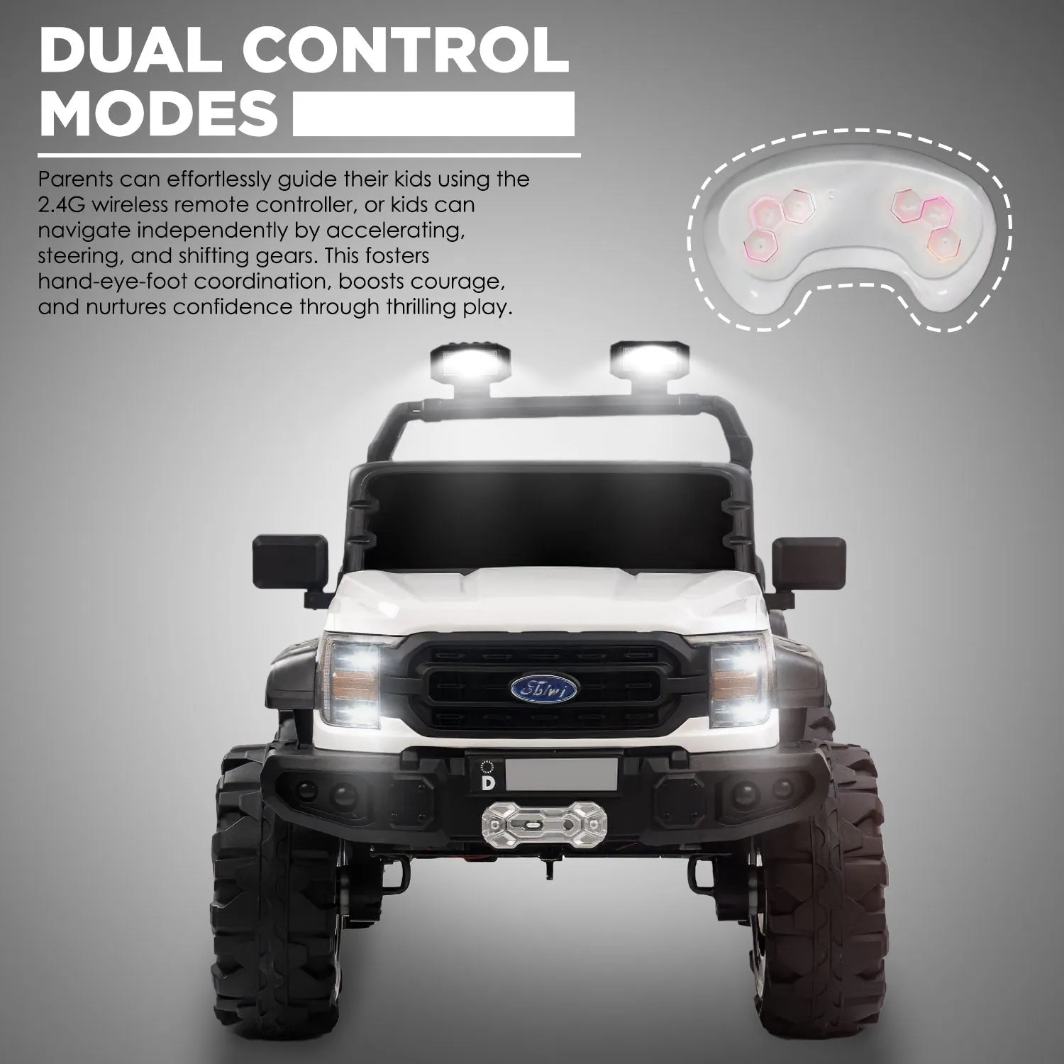 Baby Moo Ford 4X4 Battery Operated Electric Ride On Jeep Rechargeable 12V Battery With Remote Control LED Lights, Music & USB Port - White