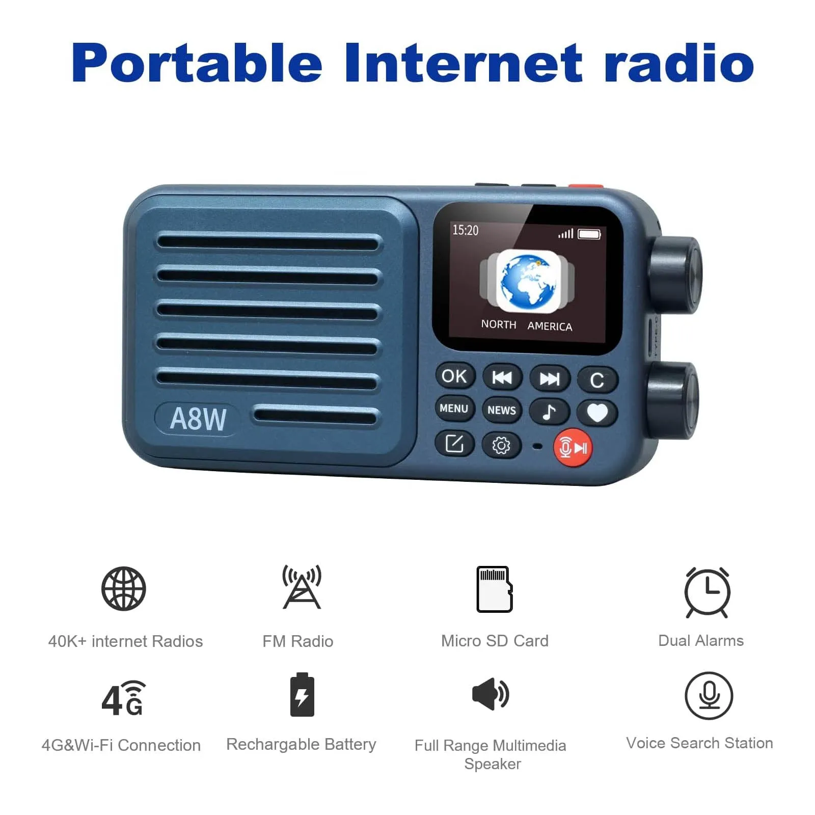 Choyong A8W Internet Radio | Portable Smart WIFI/4G Radio | FM Receiver | 4K  Pre-stored Stations | 2000mAh Rechargeable Battery | Alarm Clock