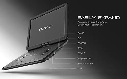COOAU 17.9“ Portable DVD Player with 15.6" Large Swivel Screen, 6 Hrs Long Lasting Built-in Battery, Region Free, Stereo Sound, with Remote Controller, SD USB AVin AVout Earphone Port. (Black)