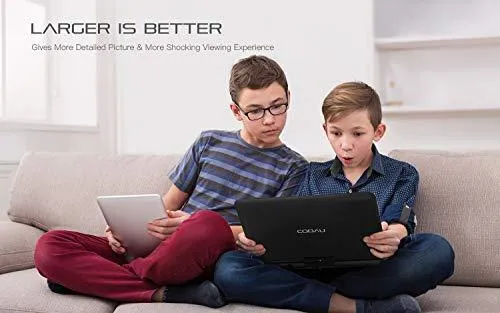 COOAU 17.9“ Portable DVD Player with 15.6" Large Swivel Screen, 6 Hrs Long Lasting Built-in Battery, Region Free, Stereo Sound, with Remote Controller, SD USB AVin AVout Earphone Port. (Black)