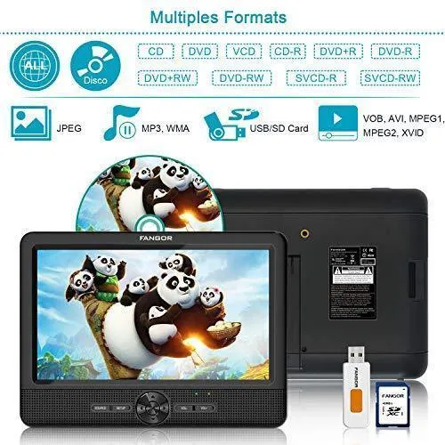 FANGOR 10’’ Dual Car DVD Player Portable Headrest CD Players with 2 Mounting Brackets, 5 Hours Rechargeable Battery, Last Memory, Free Regions, USB/SD Card Reader, AV Out&in ( 1 Player   1 Screen )