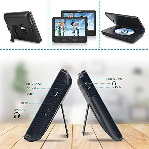 FANGOR 10’’ Dual Car DVD Player Portable Headrest CD Players with 2 Mounting Brackets, 5 Hours Rechargeable Battery, Last Memory, Free Regions, USB/SD Card Reader, AV Out&in ( 1 Player   1 Screen )