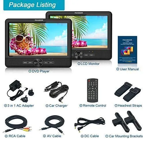 FANGOR 10’’ Dual Car DVD Player Portable Headrest CD Players with 2 Mounting Brackets, 5 Hours Rechargeable Battery, Last Memory, Free Regions, USB/SD Card Reader, AV Out&in ( 1 Player   1 Screen )