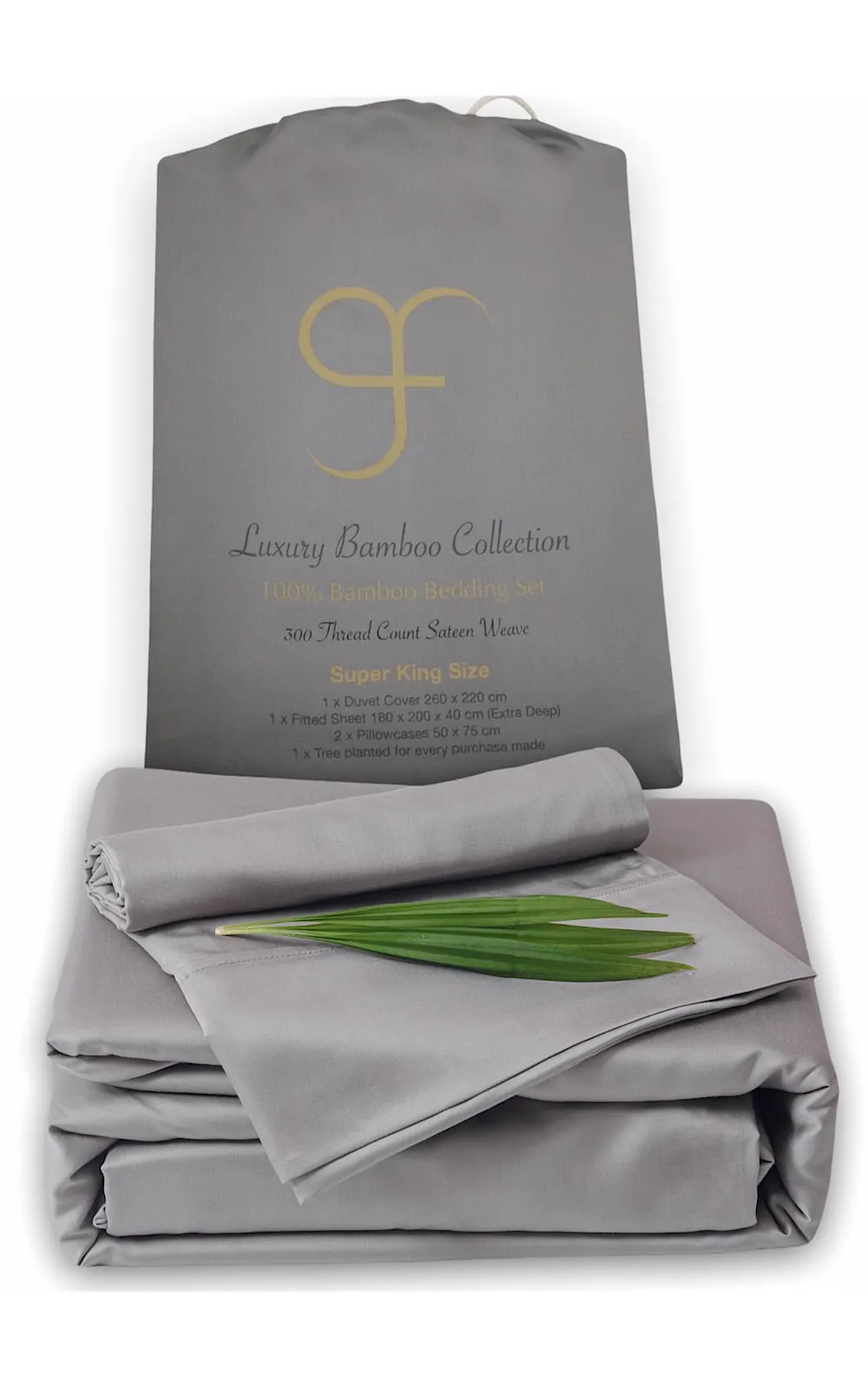 Grey King Size GF 100% Organic Bamboo 300tc Luxurious sateen weave Bedding Set Duvet Cover, Extra Deep 40cm Fitted Sheet, 2 x Pillow Cases
