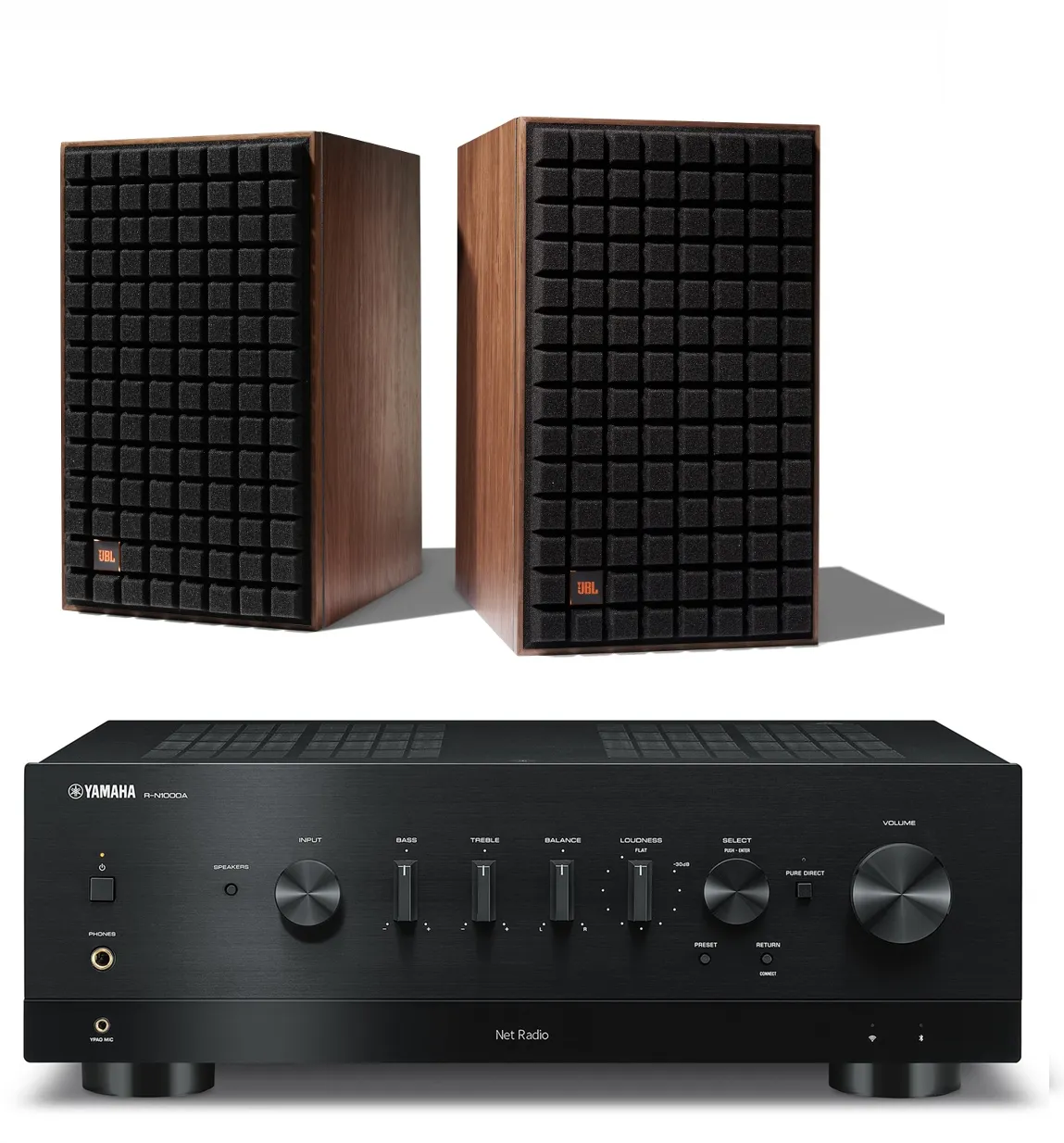 JBL L82 Classic 8 Inch 2-way Bookshelf Loudspeaker Pair with Yamaha R-N1000A Stereo Network A/V Receiver Bundle