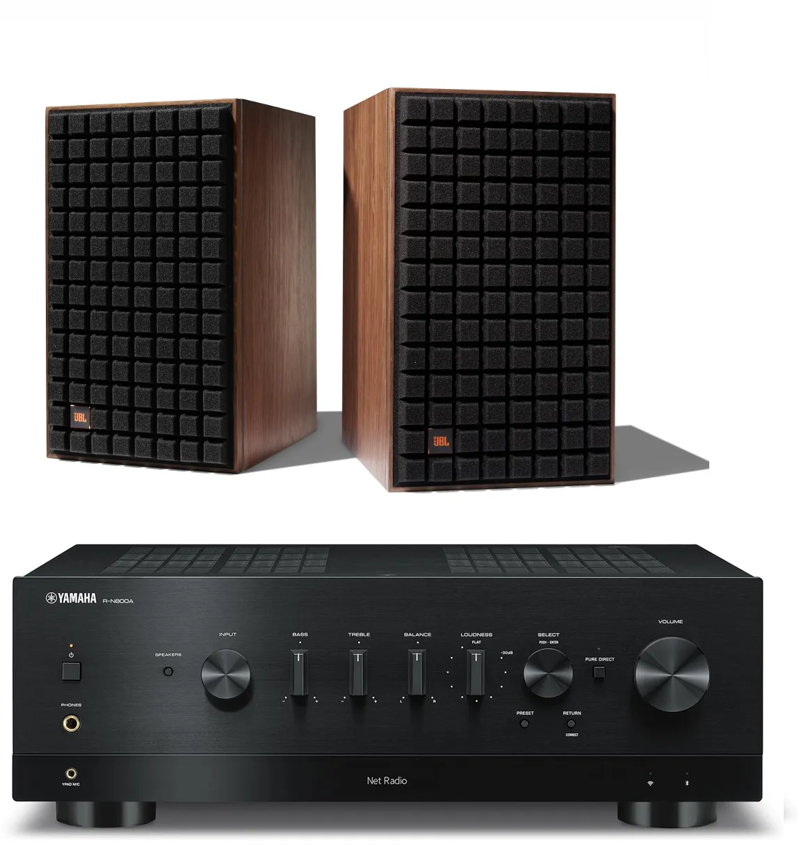 JBL L82 Classic 8 Inch 2-way Bookshelf Loudspeaker Pair with Yamaha R-N800A Stereo Network A/V Receiver Bundle