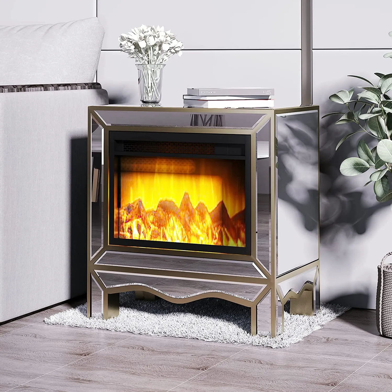 Mirrored Electronic Fireplace with Remote Controller