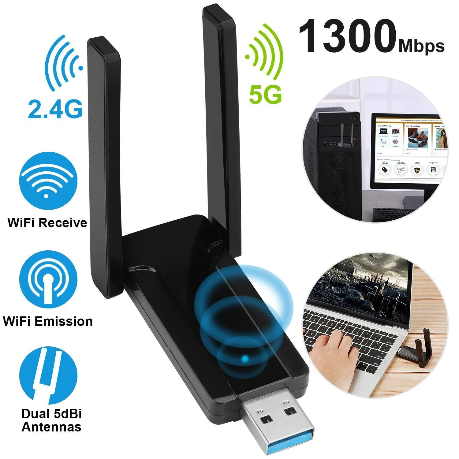 USB 3.0 WiFi Adapter AC1300 Mbps