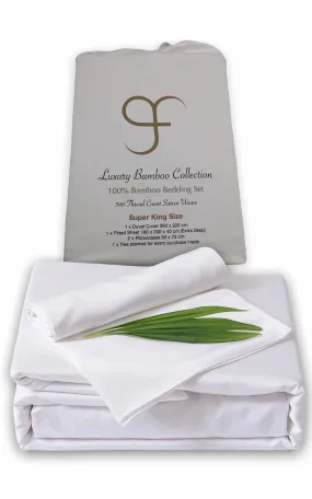White Super King Size GF 100% Organic Bamboo 300tc Luxurious sateen weave Bedding Set Duvet Cover, Extra Deep 40cm Fitted Sheet, 2 x Pillow Cases